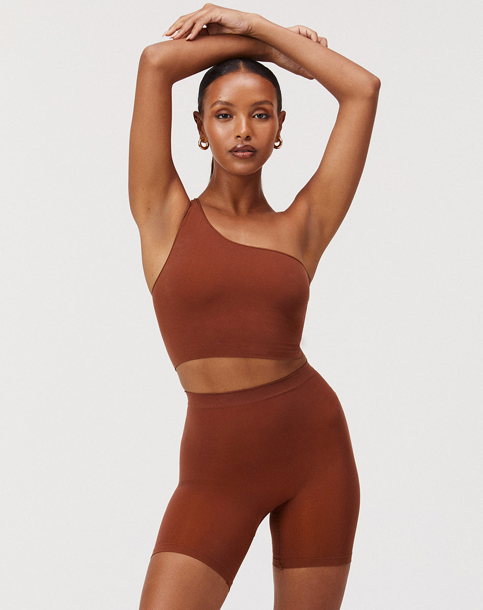 Seamless body smooth one shoulder top | Brown