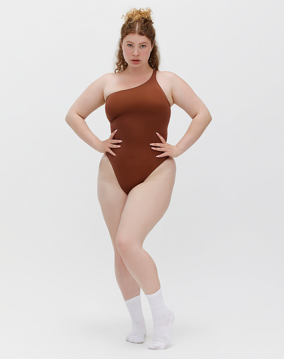 Ultra-thin seamless forming one shoulder bodysuit | Brown
