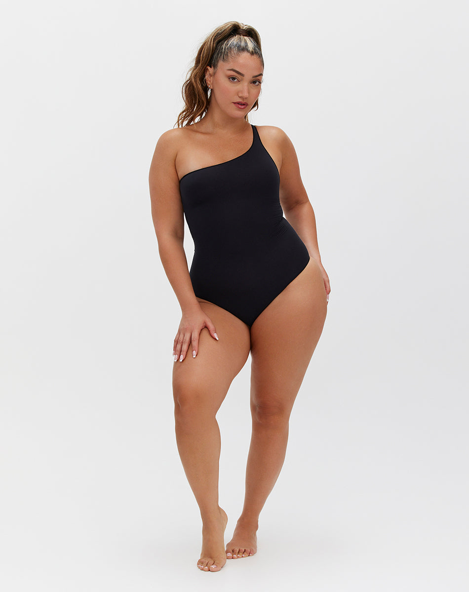 Ultra-thin seamless forming one shoulder bodysuit | Black