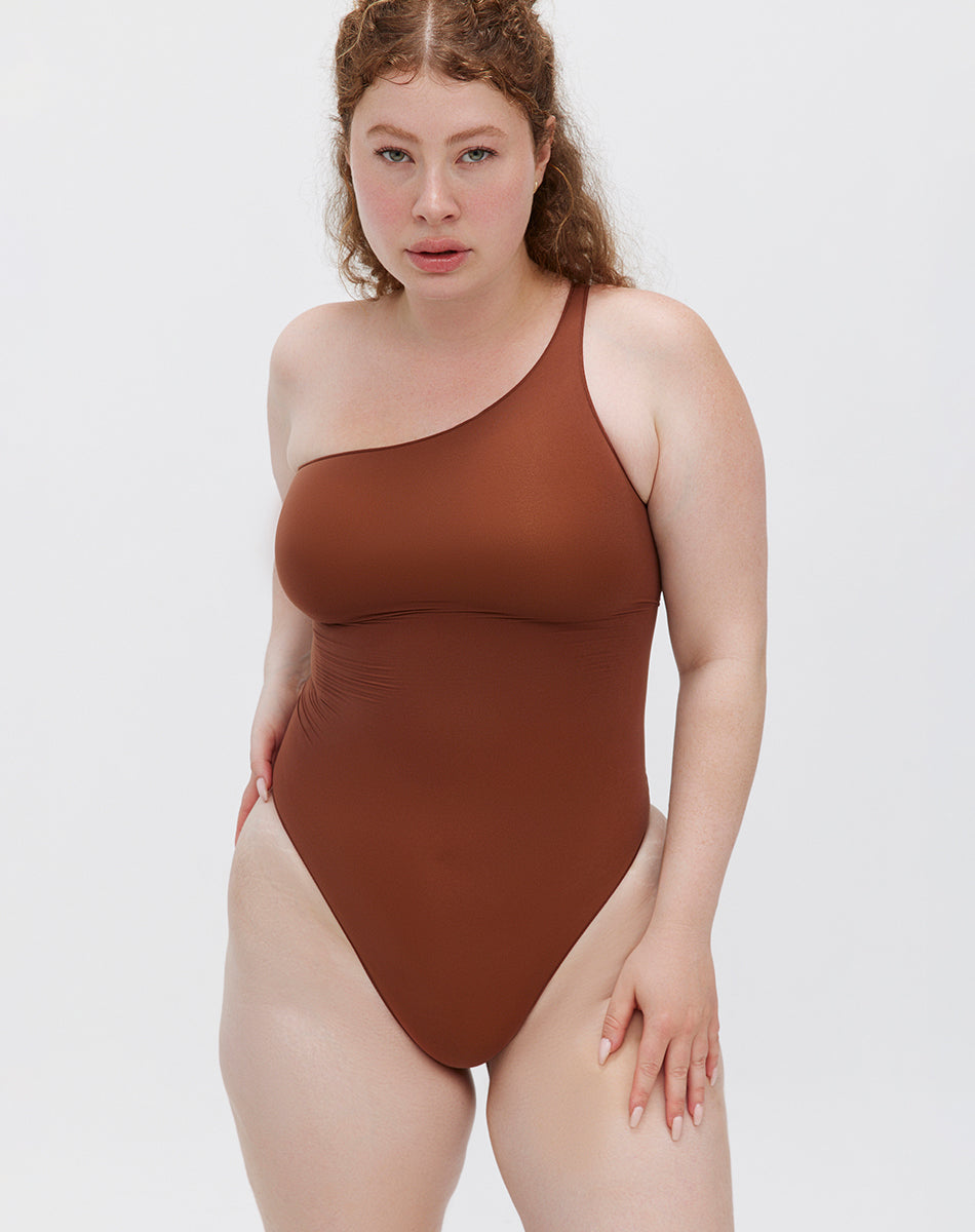 Ultra-thin seamless forming one shoulder bodysuit | Brown