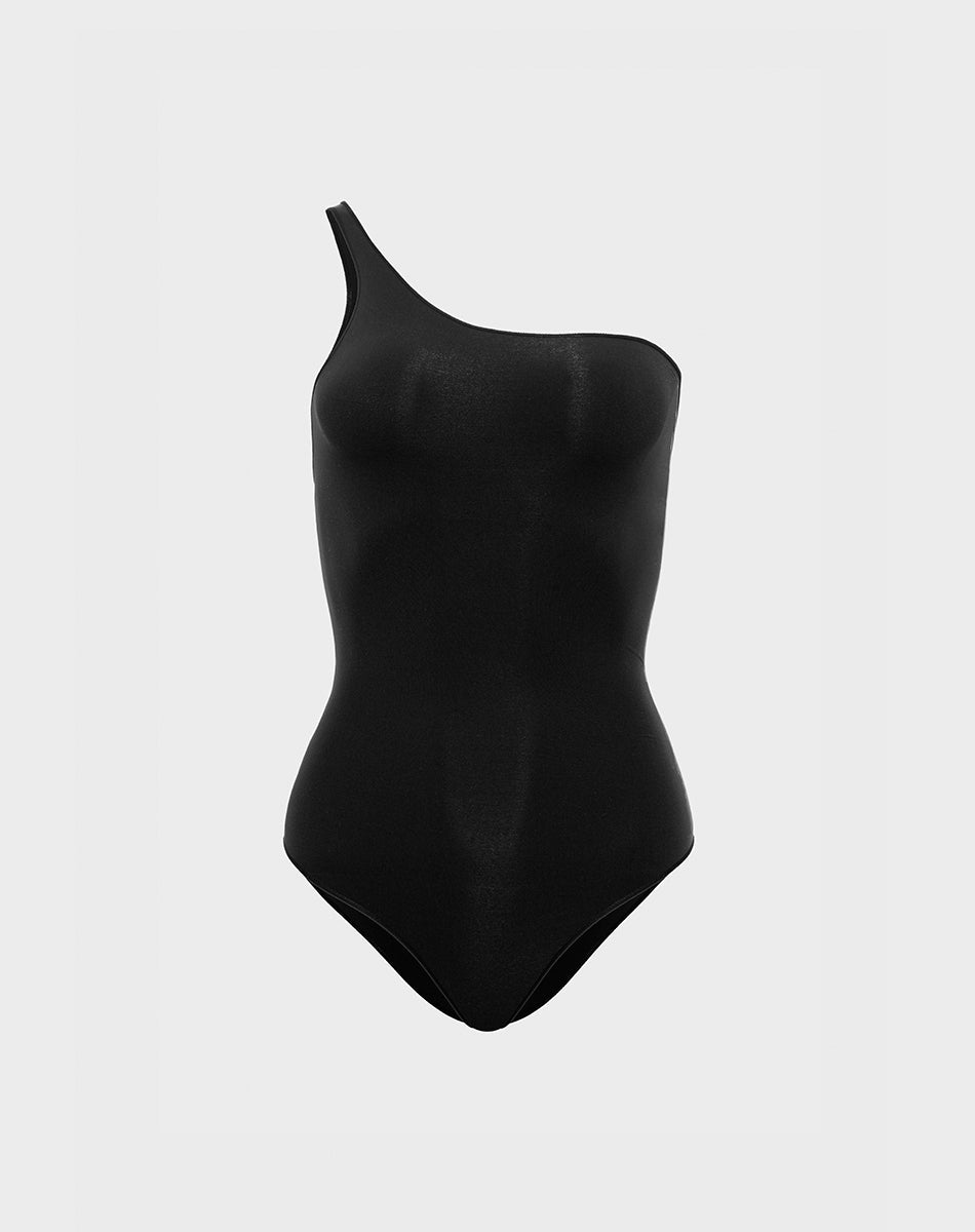 Ultra-thin seamless forming one shoulder bodysuit | Black