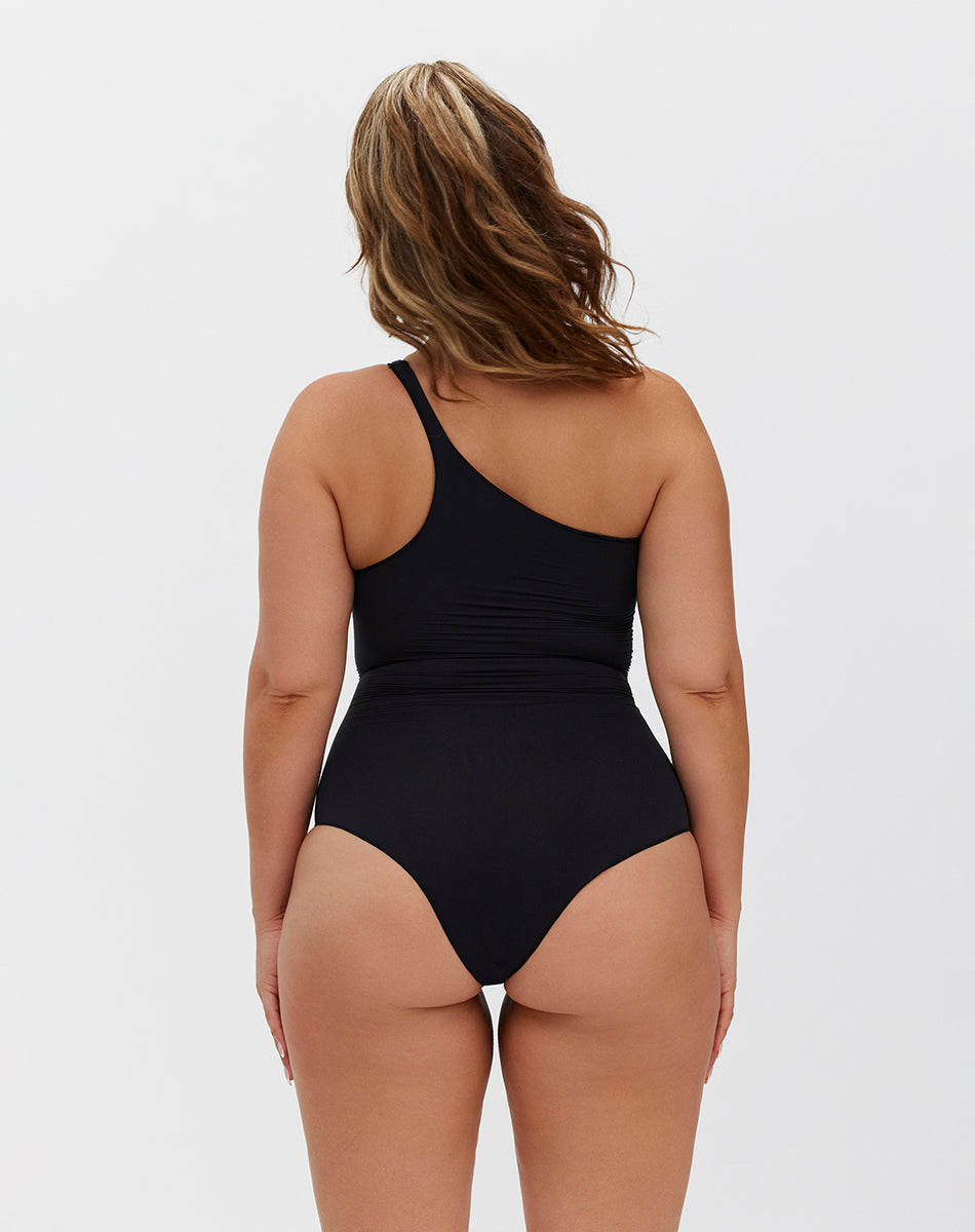 Ultra-thin seamless forming one shoulder bodysuit | Black