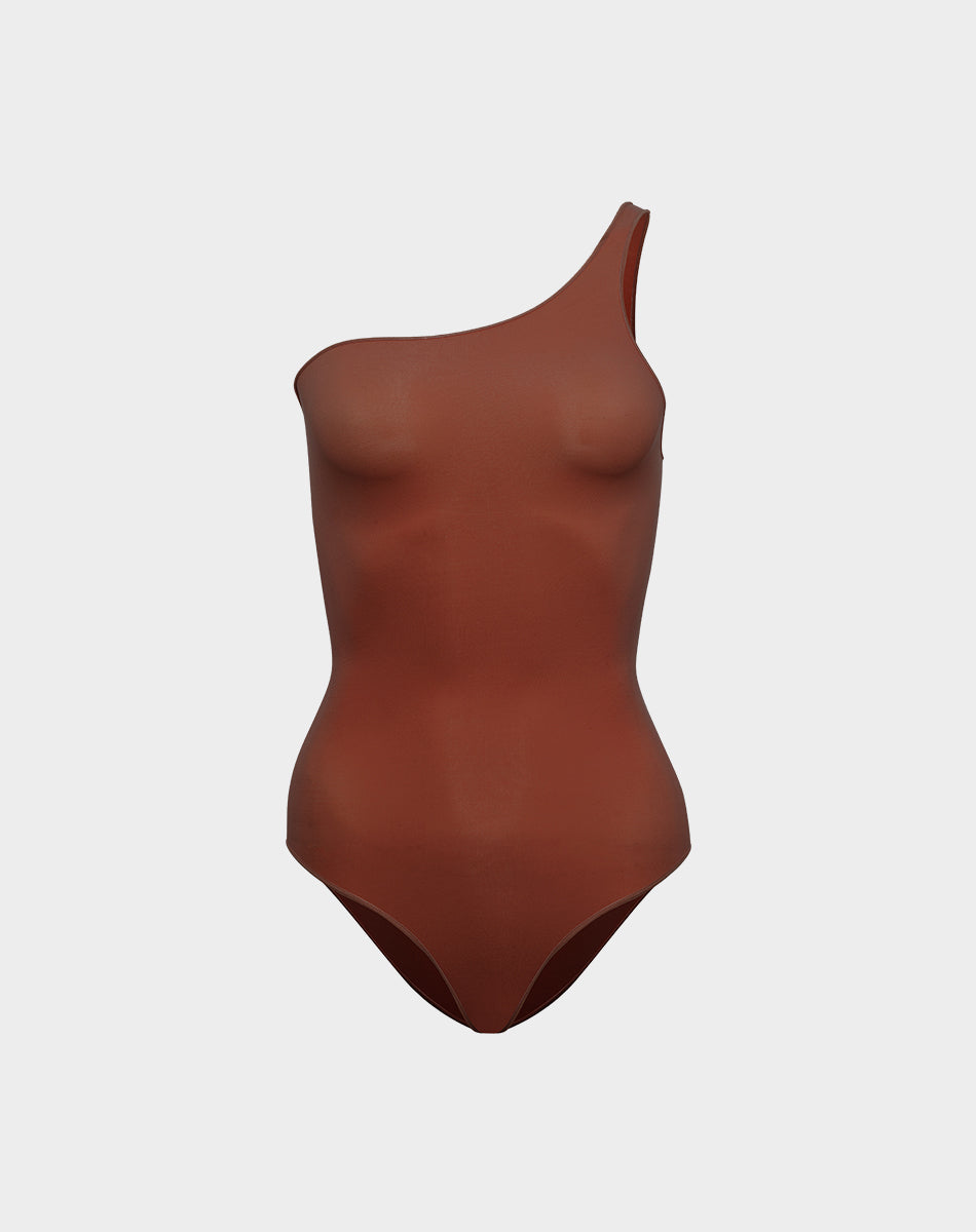 Ultra-thin seamless forming one shoulder bodysuit | Brown